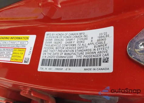 2022 Honda Civic Si Sedan from USA, damaged, VIN 2HGFE1E5XNH472295